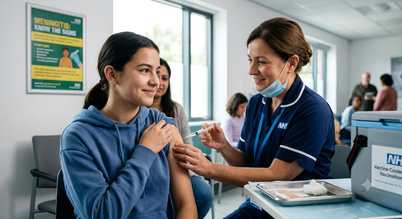 Nurse administering a meningitis vaccination to a teenage patient
