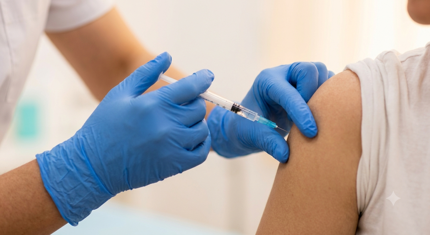 Healthcare professional administering a flu vaccination injection